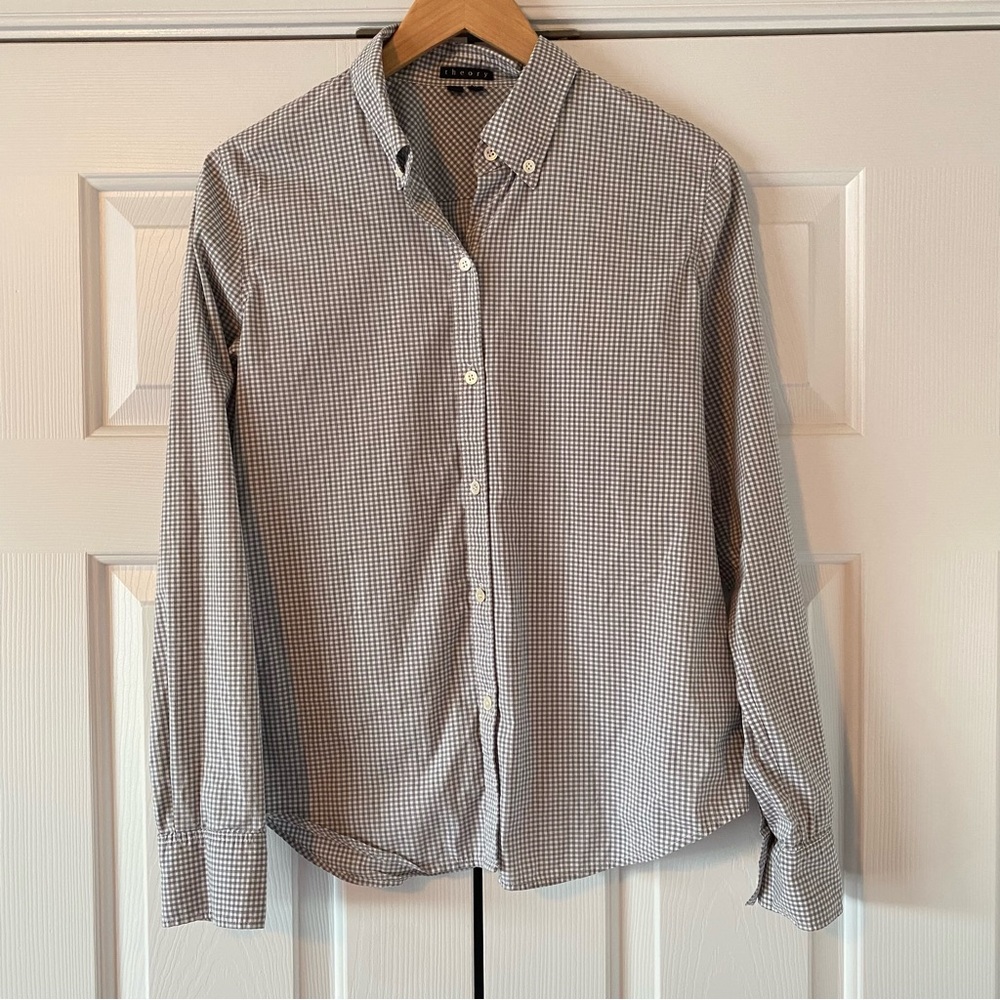 Theory Gray Gingham Button Down, Size Medium - image 1